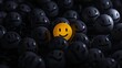 © VK Studio - A single glowing yellow smiley ball stands out among a group of dark, somber ones, symbolizing positivity amidst negativity.