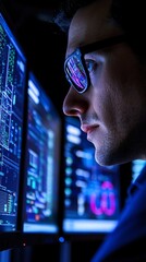 Wall Mural - a computer hardware engineer analyzing data on dual monitors, with schematics and diagrams displayed