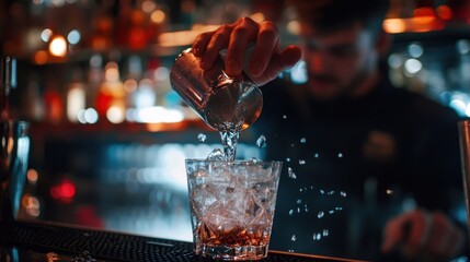 Wall Mural - Bartender Pouring Cocktail into Glass with Ice