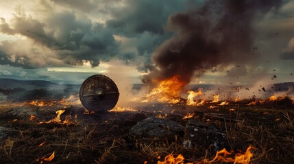 A discarded Viking shield lies amidst blazing flames and dark smoke under a moody sky, evoking a sense of historical battle and chaos.