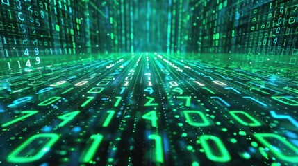 Binary code matrix with green and blue hues.