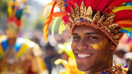 A smiling man wearing a vibrant and colorful traditional carnival costume adorned with feathers and gold decorations, set against an outdoor background.