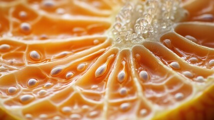 Wall Mural - Close-up of an Orange Slice with Seeds and Juicy Texture