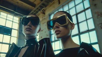 Two figures clad in high-fashion, black attire and statement sunglasses, set against a backdrop of industrial windows, evoking power and modernity.