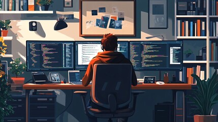 A programmer coding on multiple screens in a cozy home workspace, surrounded by books and tech gadgets