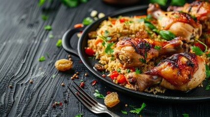 Wall Mural - Sizzling roasted chicken legs served on a bed of colorful rice, garnished with herbs and surrounded by a dark, rustic wooden backdrop for an appetizing presentation.