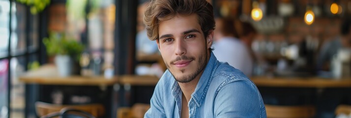 A handsome young man sits in a modern, cozy coffee shop, looking directly at the camera with a relaxed and confident expression.