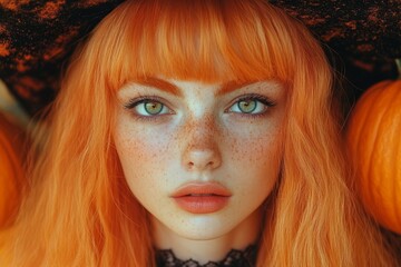 Wall Mural - Portrait of a girl in an orange wig and witch's hat, perfectly capturing the Halloween spirit. Ideal for holiday-themed projects and cards.