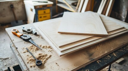 Wall Mural - A carpentry workshop table filled with wooden planks, tools, and sawdust captures the essence of craftsmanship and creativity.