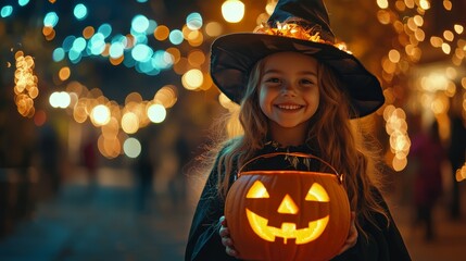 Little girl in a witch costume smiling with holding a candy basket a glowing jack-o'-lantern, surrounded by festive Halloween lights.