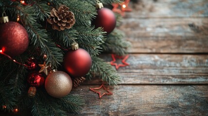 Wall Mural - Traditional Christmas tree decorations featuring red baubles and pinecones, set against a rustic wooden backdrop.