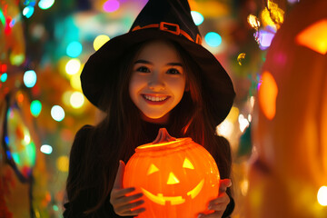 A young girl in a witch costume holding a glowing jack-o'-lantern, smiling brightly with city lights in the background.