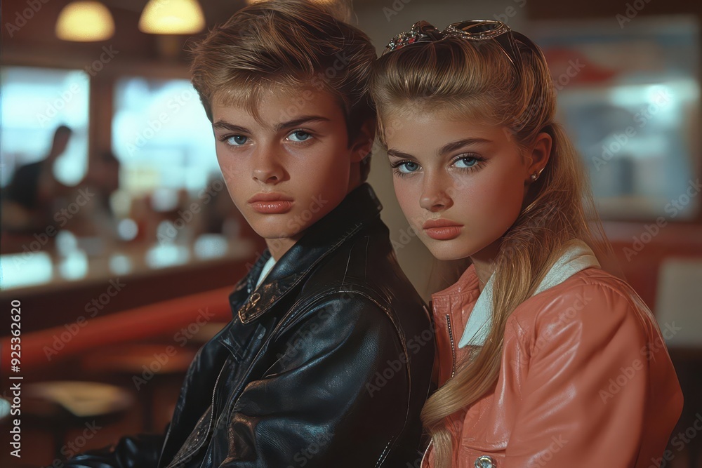 retro diner scene with rebellious teens in iconic 1950s fashion leather