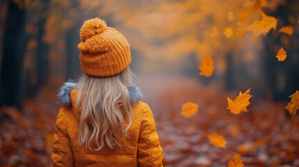 Little girl in an orange hat and coat in an autumn forest, back view.