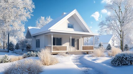 Poster - A small white house in the snow with a path leading to it, AI