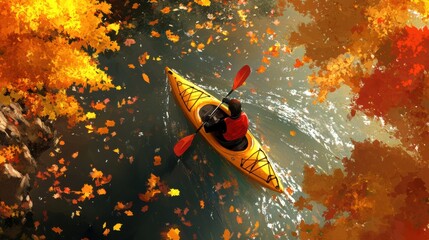 Poster - A person in a kayak on the water surrounded by colorful leaves, AI