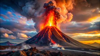 The active phase of a volcanic eruption, the summit is covered with hot lava flowing down. Gas and dust rise into the sky.