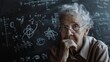 © VK Studio - An elderly person with thoughtful expression stands against a chalkboard filled with complex scientific equations, symbolizing wisdom and knowledge.