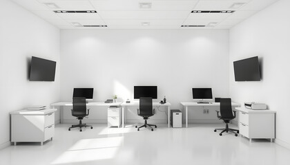 Clean office room with computers, blank white wall isolated with white highlights, png