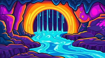 Wall Mural - A pixelated rainbow archway over a flowing stream within a cave