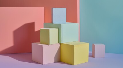 Wall Mural - A composition of pastel-colored cubes forming a modern art display with shadows cast on contrasting pink, blue, and yellow backgrounds.