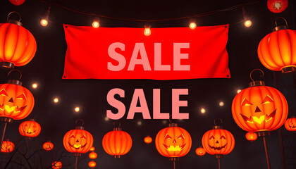 Halloween sale with orange pumpkin lanterns with a red banner isolated with white highlights, png