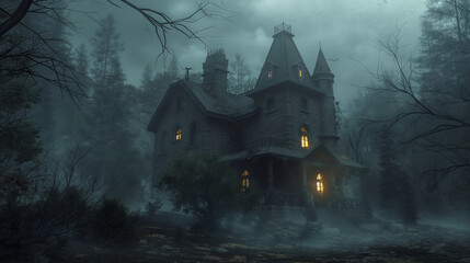 The old mystical house in the misty forest, Halloween