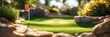 © Serhii - Mini Golf Hole. Club at the Edge of Green with Flagstick and Flag