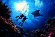 © Thanyarat - Divers explore vibrant coral reef with a majestic manta ray swimming by in clear blue waters, capturing the beauty of the underwater world.