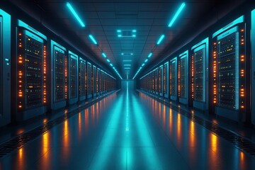 Wall Mural - futuristic data center with rows of sleek black servers pulsating with neon blue and green led lights reflecting off polished floors in a dimly lit hightech environment