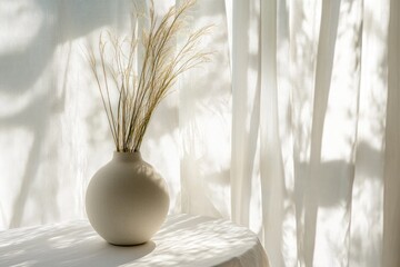 Poster - Table Decor Warm Photo. Scandinavian Style White Desk with Vase and Sunlight Streaming through Window