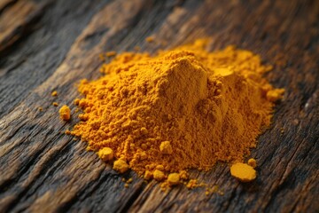 Turmeric Liquid. A Heap of Turmeric Powder from India on a Wooden Desk