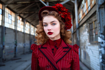 Young adult woman in vintage red attire with a poinsettia flower accessory standing in an industrial setting. Perfect for holiday fashion editorials and vintage-themed promotions.