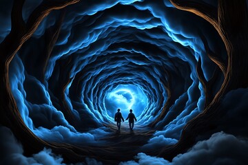 Two people walking through a luminous, dreamlike tunnel of swirling blue clouds, suggesting a surreal or fantasy scene.