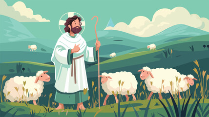 Jesus Christ Good Shepherd Biblical Illustration Flock Sheep Green Pastures Religious Christian Artwork Faith Hope Love Spirituality Holy Bible Story Transparent Background