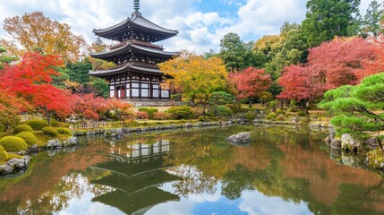 Sticker - A pagoda in the middle of a pond surrounded by trees, AI