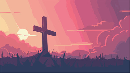 Christian Cross Silhouette Against a Sunset Sky Religious Background Faith Hope and Salvation Banner Illustration Graphic Design Element for Easter Palm Sunday or Good Friday Observances