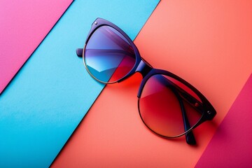 A pair of sleek, modern sunglasses placed on a vibrant, multicolored background. The bold hues and dynamic design of the background emphasize the trendy, stylish nature of the sunglasses, creating.