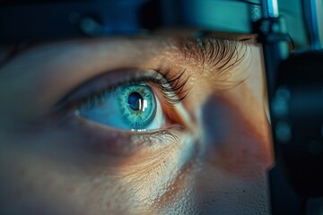 Ophthalmologist conducting a detailed eye examination using advanced equipment in a modern ophthalmology clinic.