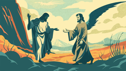 Canvas Print - Jesus Christ Meets Fallen Angel in Desert Wilderness Religious Theme Illustration