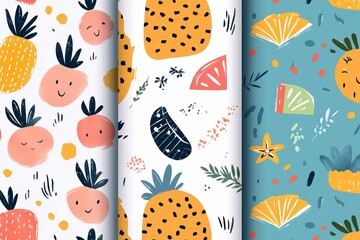 Wall Mural - Set of summer vector seamless patterns. Childish cute naive hand drawn summer patterns design for children's textile, packaging, paper bags, wrapping