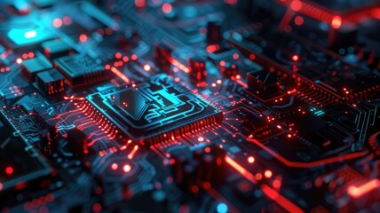 Abstract of chip on complex circuit with digital technology style design and the electric light graphic show dynamic movement represent about processor algorithm process on high tech device. AIG53.