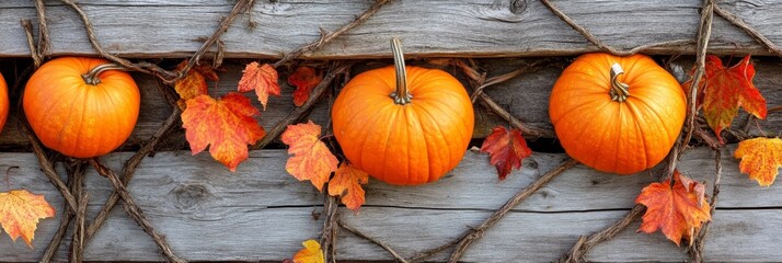 Canvas Print - Autumnal Pumpkins on Rustic Wooden Fence with Vines and Leaves - A close-up of four pumpkins nestled amongst rustic wooden boards with autumn leaves and vines. The vibrant orange of the pumpkins contr