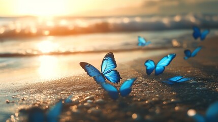 Poster - Blue Butterflies on a Sandy Beach at Sunset - A group of blue butterflies flutter on a sandy beach at sunset.  The image symbolizes freedom, transformation, beauty, hope, and new beginnings.