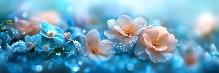 Sticker - Delicate Pink Flowers with Water Droplets on Blue Background - This image features a close-up of delicate pink flowers with water droplets, symbolizing beauty, freshness, nature, purity, and new begin