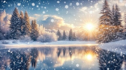 Canvas Print - Snowy landscape with a lake and pine trees at sunset, reflecting the sky and falling snowflakes.