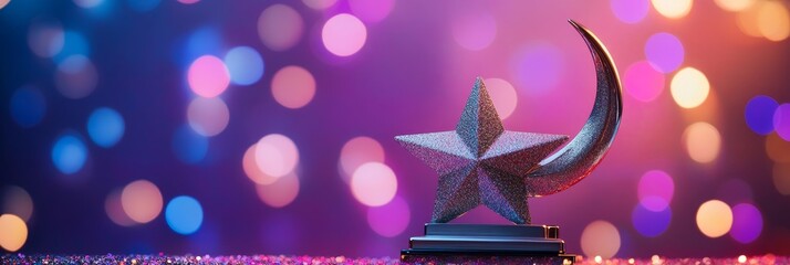 Poster - Festive Star and Crescent Moon Decor with Bokeh Lights - A sparkling silver star and crescent moon ornament against a backdrop of colorful bokeh lights. This image symbolizes celebration, hope, and th