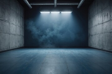 abstract technology background, empty dark blue cement floor, studio room with smoke floating up the