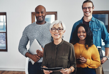 Poster - Happy, business people and portrait of team in workplace of creative agency for collaboration and content creation. Copywriting group, technology and pride with diverse skills, unity and partnership.