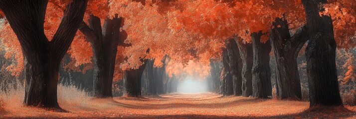 Canvas Print - Majestic Autumn Pathway Through a Canopy of Golden Leaves - A serene autumn scene with a pathway leading through a canopy of vibrant orange and red leaves, symbolizing the beauty of nature, the changi